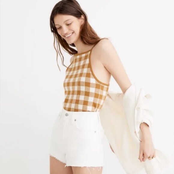 MADEWELL Gingham Apron Sweater Tank, Antique Gold Yellow Large Checker $68 - Picture 1 of 7